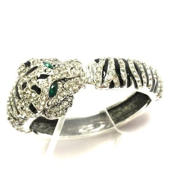 NWOT Rhinestone Encrusted Black Striped Green Eyed Jaguar Hinged Cuff. - Picture 3 of 4